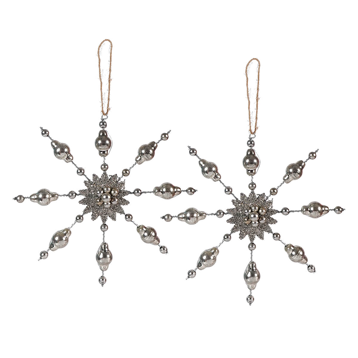 Ornate silver snowflake-shaped Christmas ornaments with beaded arms.