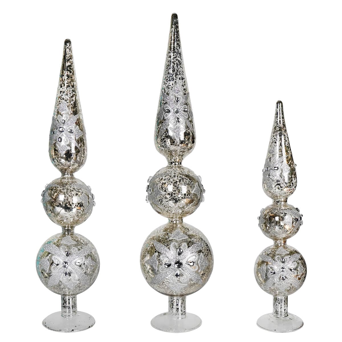 Mercury Glass Tabletop Finials With Rhinestones Set/3