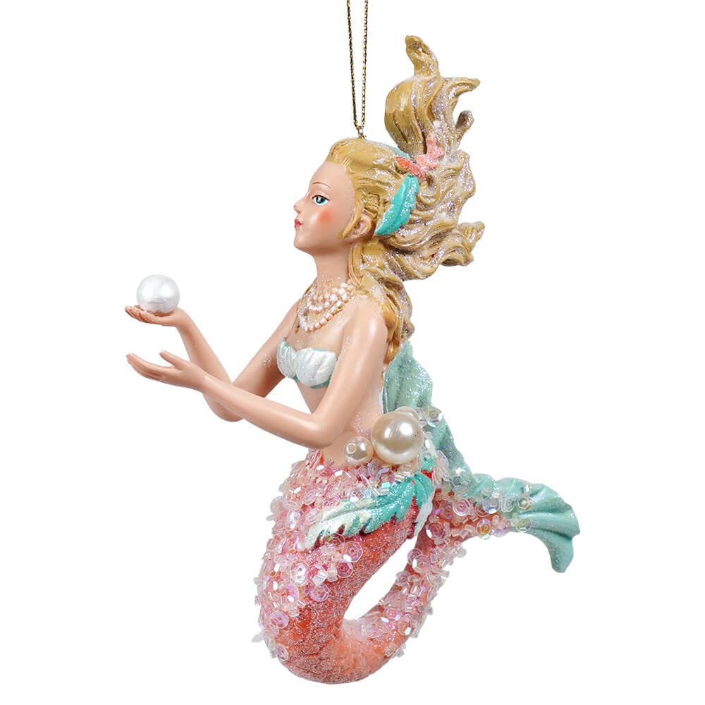 Mermaid ornament with pink and teal resin tail holding a pearl perfect as a december diamonds ornament