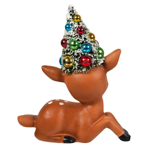 Brown ceramic reindeer figurine with white spots black hooves wearing christmas tree hat by bethany lowe design