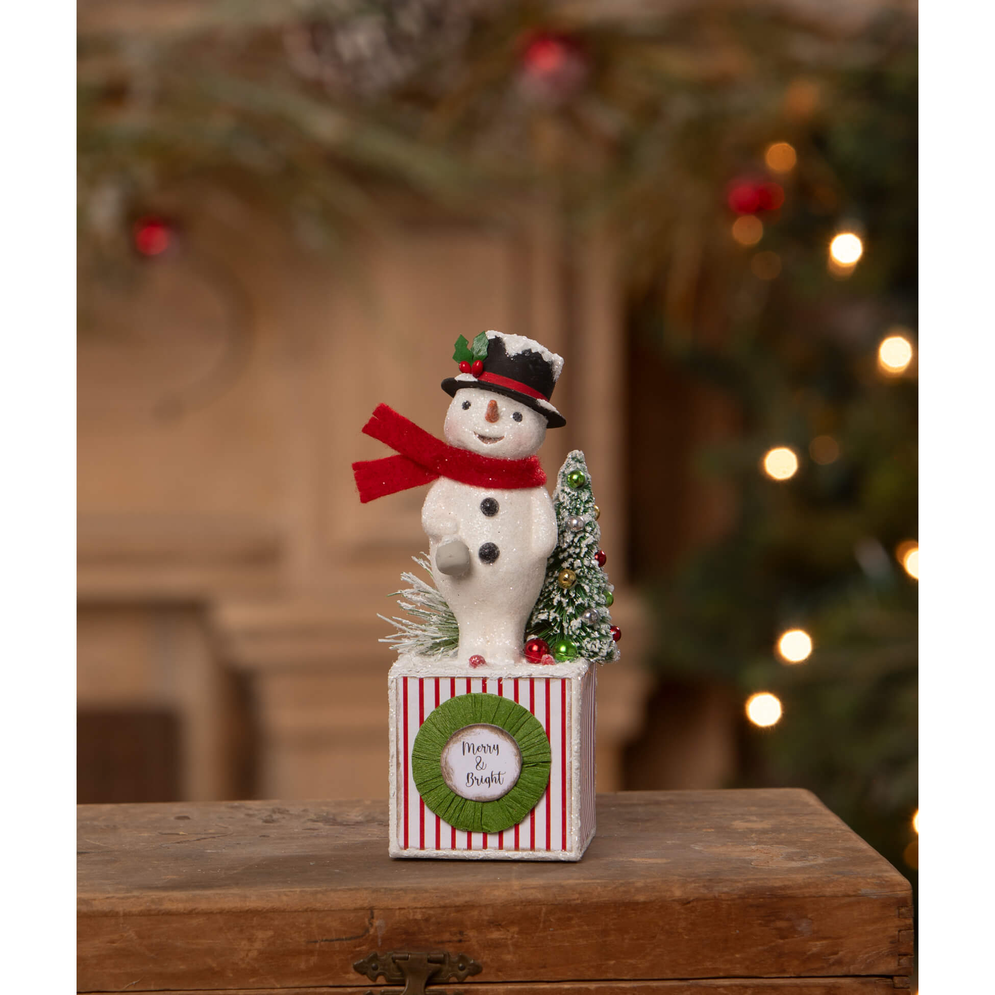 Merry and bright snowman figurine by bethany lowe designs with red scarf and wreath base perfect for christmas snowman figures and decor