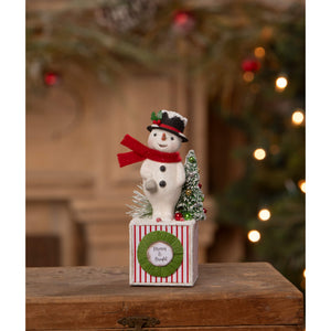Merry and bright snowman figurine by bethany lowe designs with red scarf and wreath base perfect for christmas snowman figures and decor