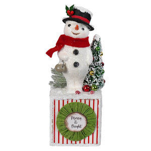 Merry bright snowman by bethany lowe designs white glittery christmas snowman figurine with black hat and red scarf