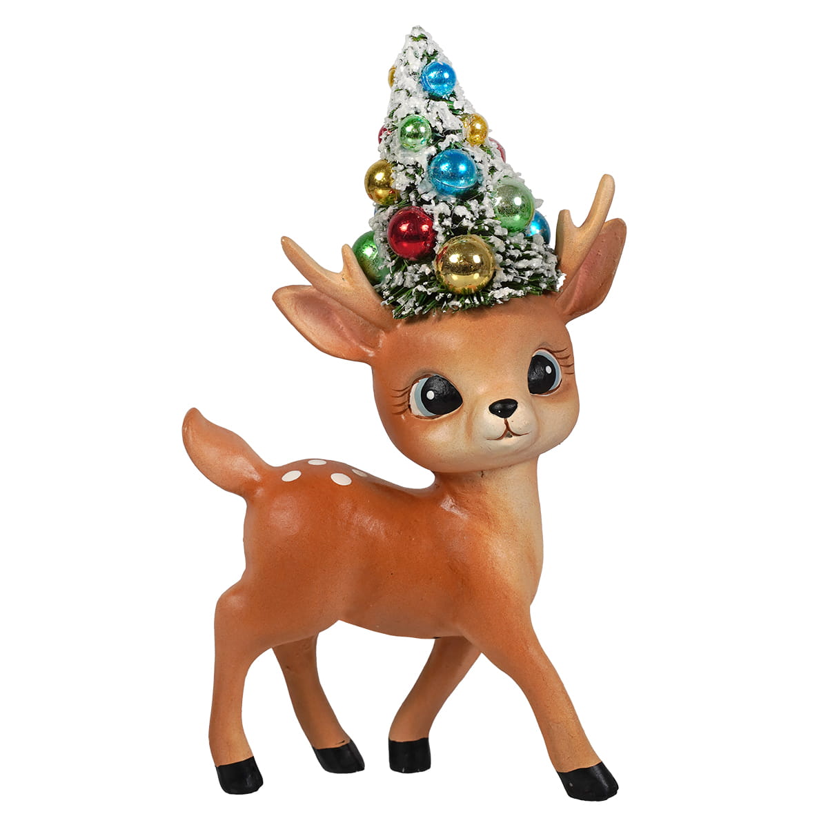 A charming brown bethany lowe design merry and bright standing reindeer with white spots and a festive tree on its head