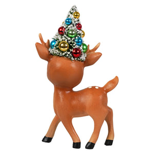 A charming brown ceramic merry and bright standing reindeer by bethany lowe with a mini christmas tree on its head