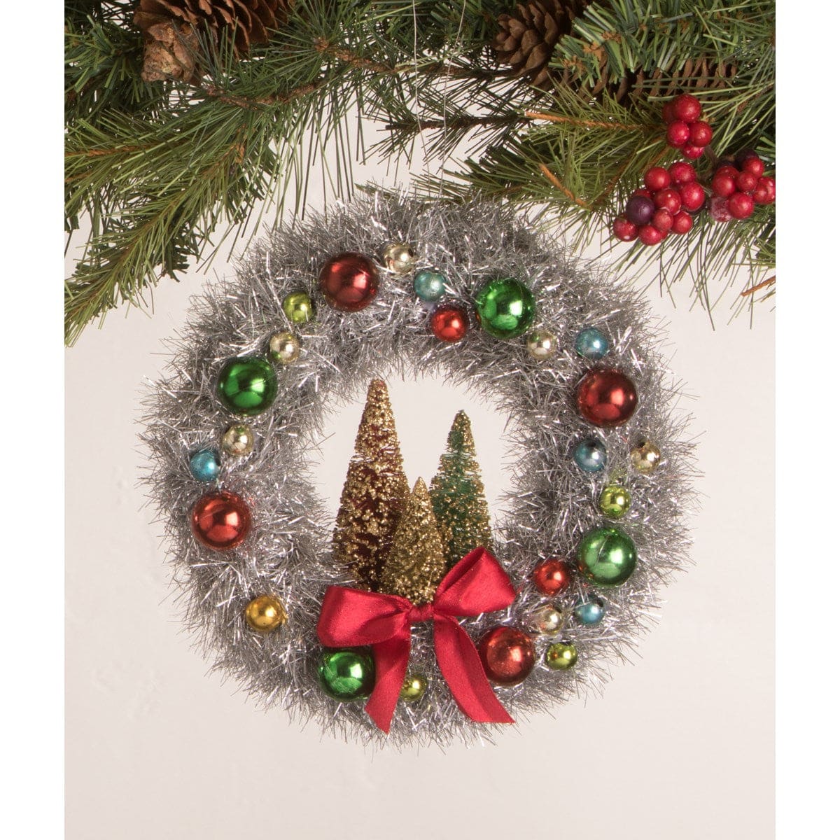 Merry & Bright Tinsel Wreath with Bottle Brush Trees