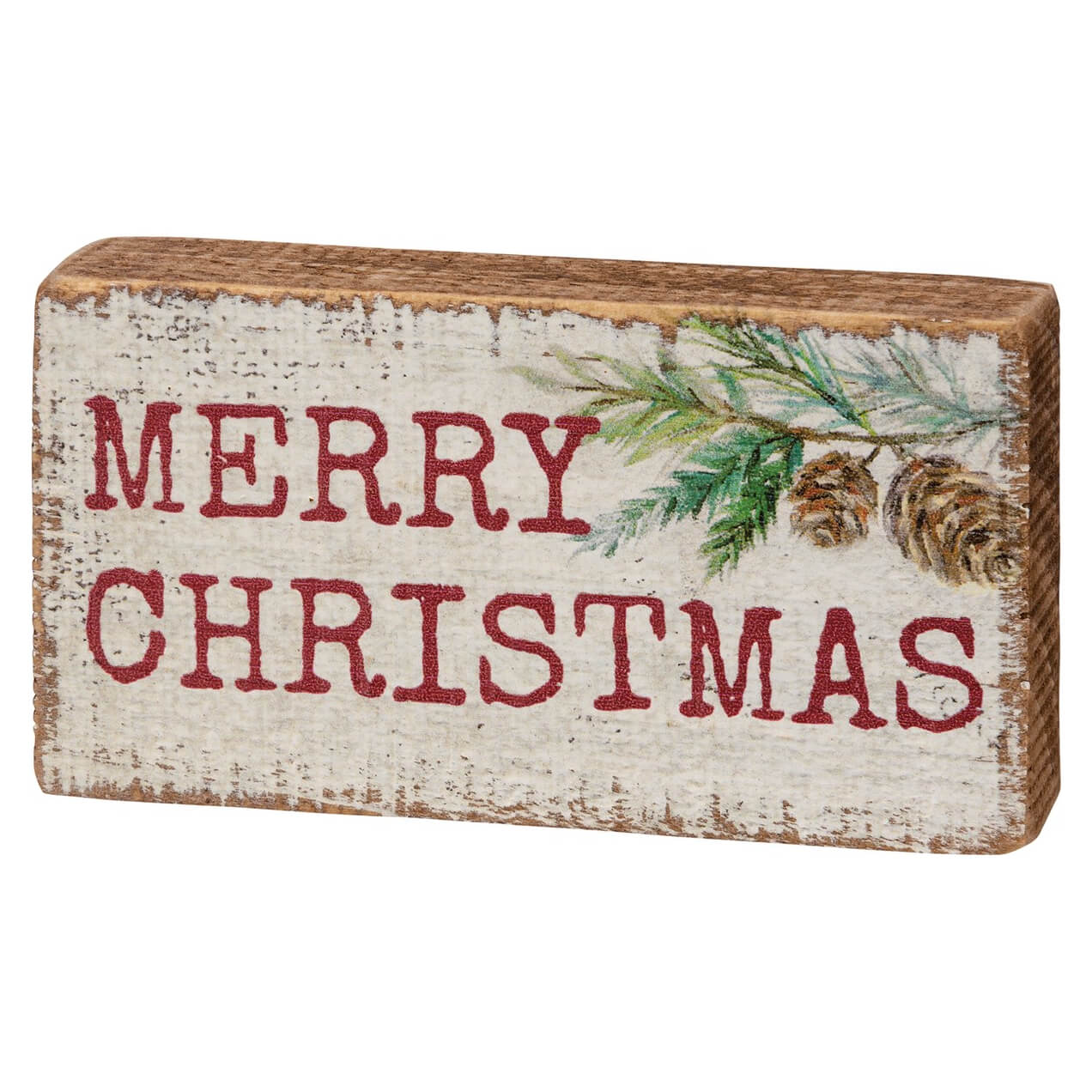 Rustic wooden block sign with ’Merry Christmas’ text and pine branch decoration.