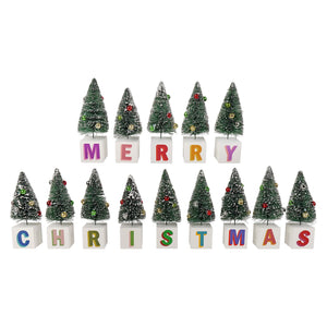 Set of frosted green bottle brush merry christmas blocks with red and gold ornaments spelling merry christmas