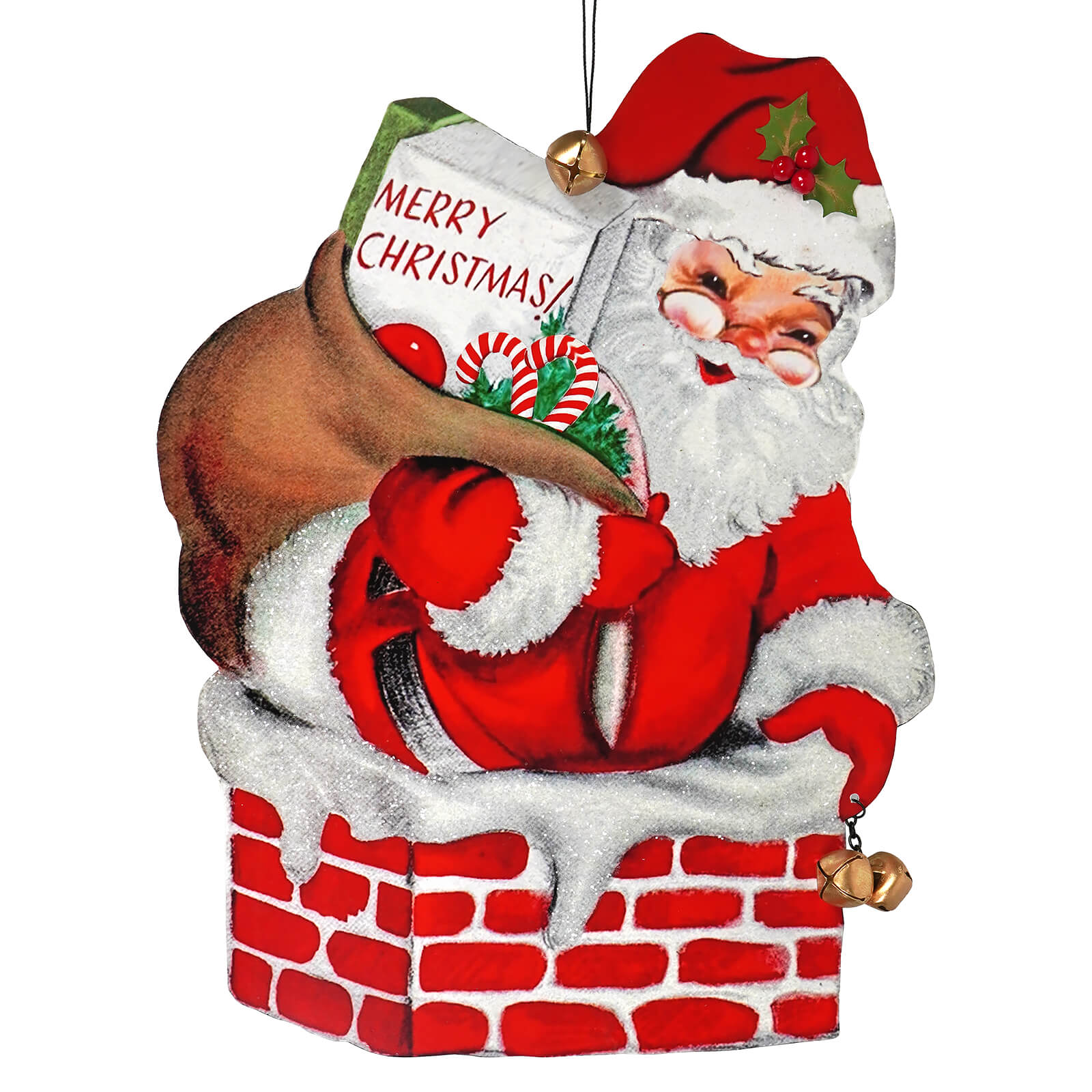 Red and white bethany lowe christmas santa sign ornament with glitter finish holding merry christmas bag in brick chimney