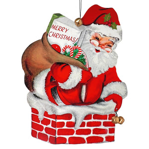 Red and white bethany lowe christmas santa sign ornament with glitter finish holding merry christmas bag in brick chimney
