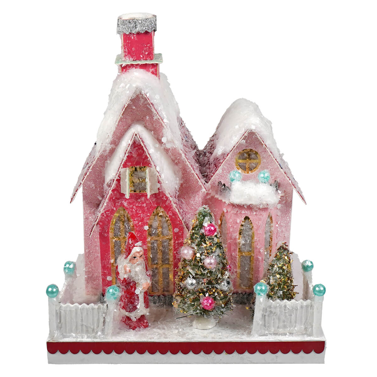 Pink merry holiday house christmas village figurine by cody foster with snow-dusted roofs and glittery red chimney