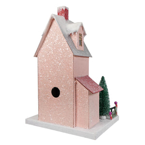 Merry merry house pink glittery birdhouse with silver roof red chimney small window from cody foster vintage christmas village houses