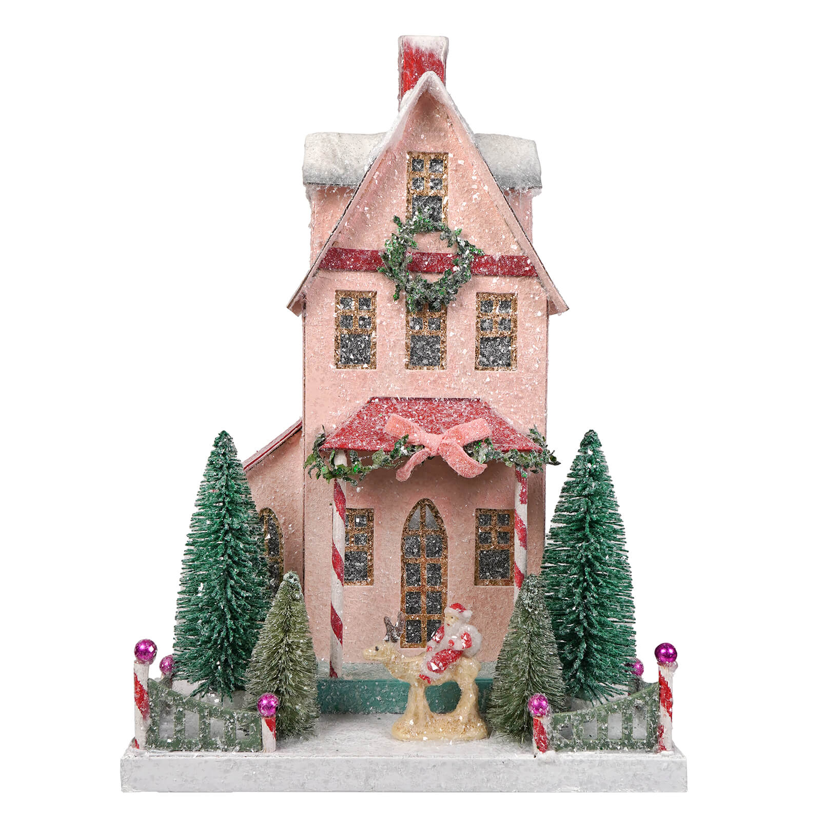 Pink glittery merry merry house christmas village house with red roof and candy cane pillars by cody foster vintage