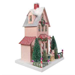 Pink glittery merry merry house with red silver roof green frosted trees candy cane pillars snowman figurine cody foster vintage christmas village houses
