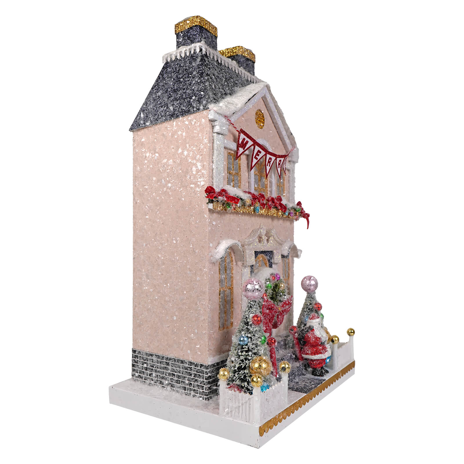 A merry manor festive pink glittered snowy christmas house figurine with black speckled roof and red garlands by cody foster