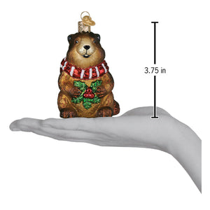 Merry marmot ornament glass groundhog with red white scarf and holly berries perfect figural decor or tree toppers
