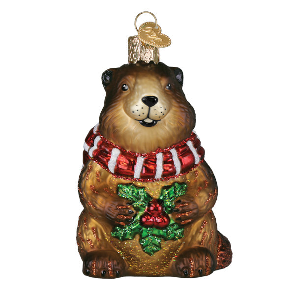 Festive brown merry marmot ornament with red white scarf holding green holly berries perfect figural decor or tree toppers