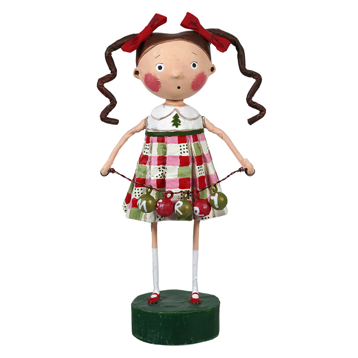 Esc17266 merry mary christmas doll with pigtails in red dress a child’s christmas figures for holiday decor