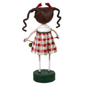 A whimsical esc17266 merry mary child’s christmas figure with brown pigtails in a pink green white checkered dress