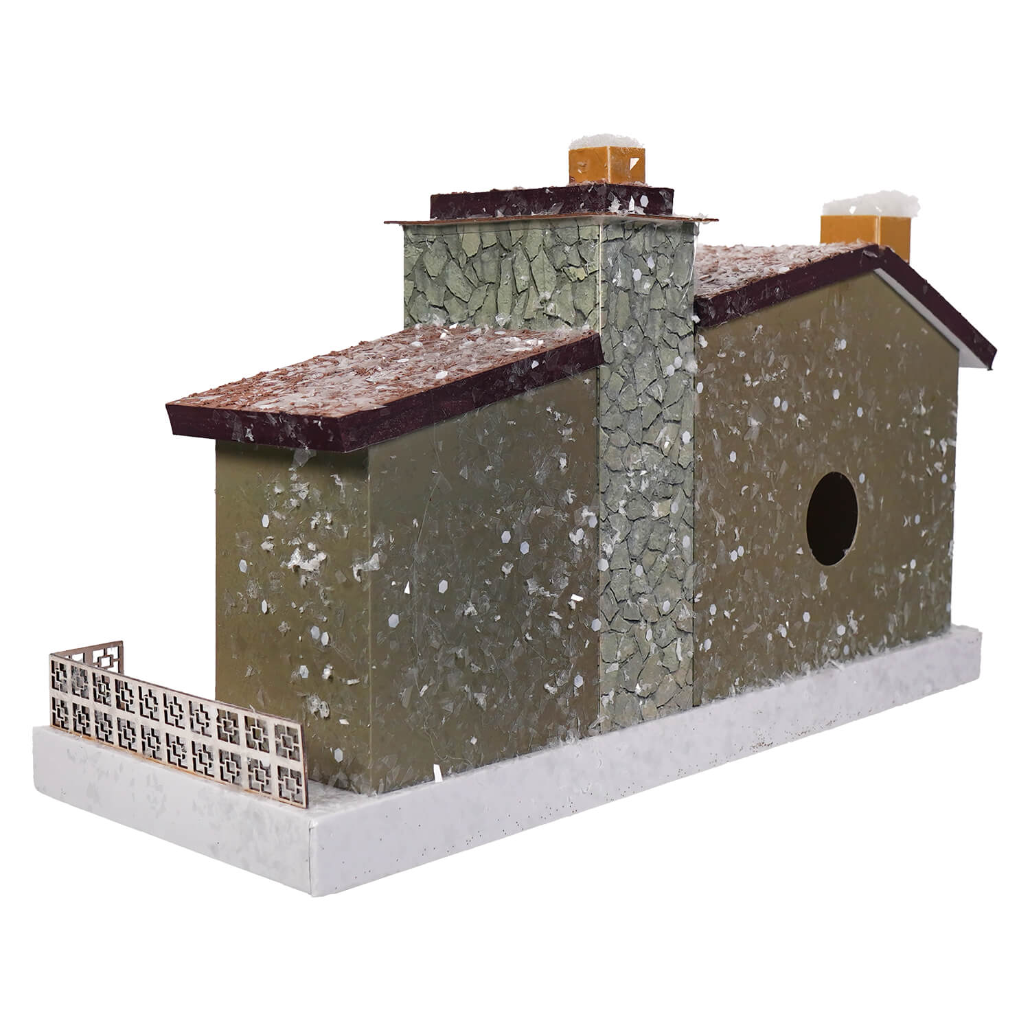 Merry midcentury modern olive-green birdhouse with cracked stone walls white snowflake speckles and dark brown roof by cody foster