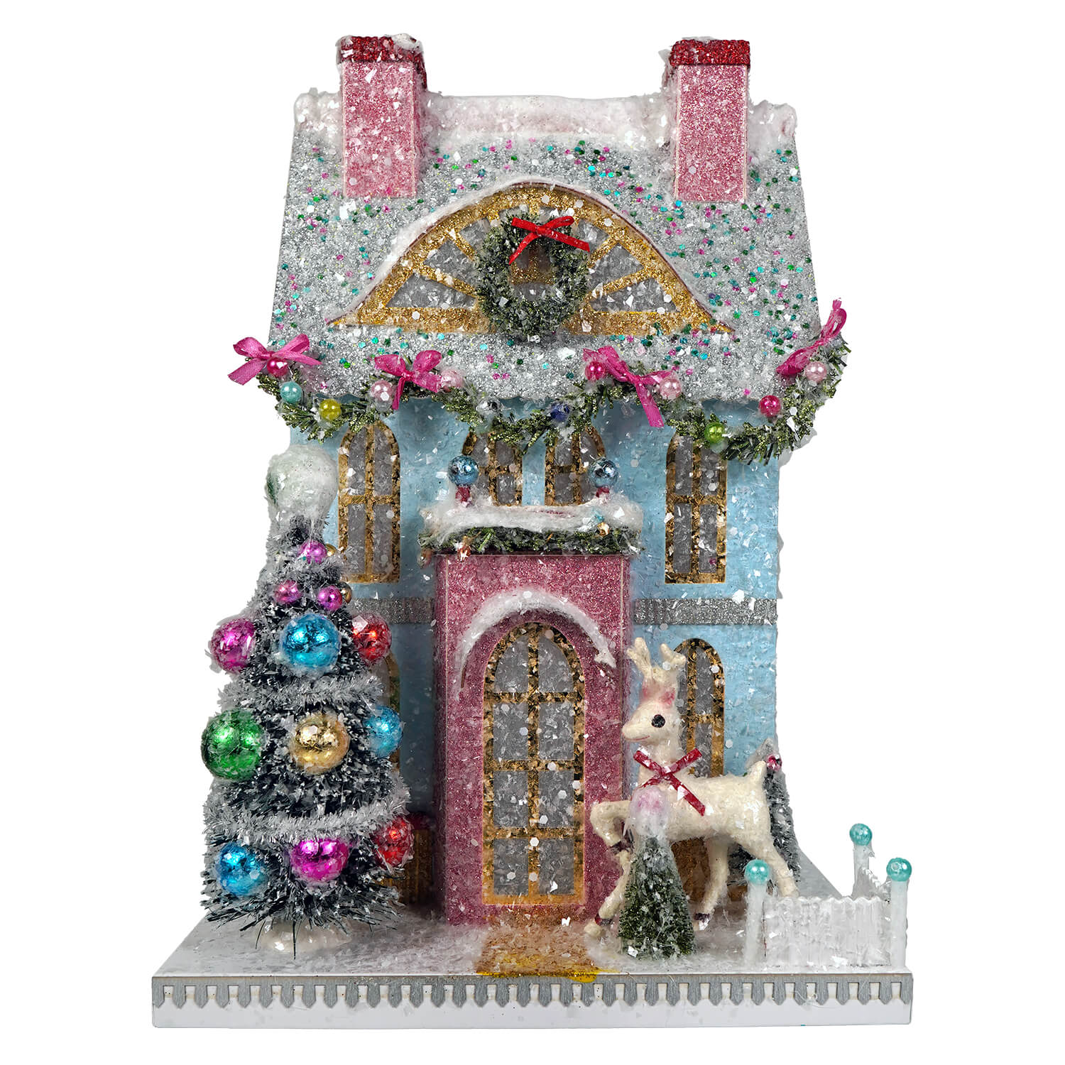 A glittery blue cody foster merry reindeer chateau ornament with pink accents tree reindeer and light cord