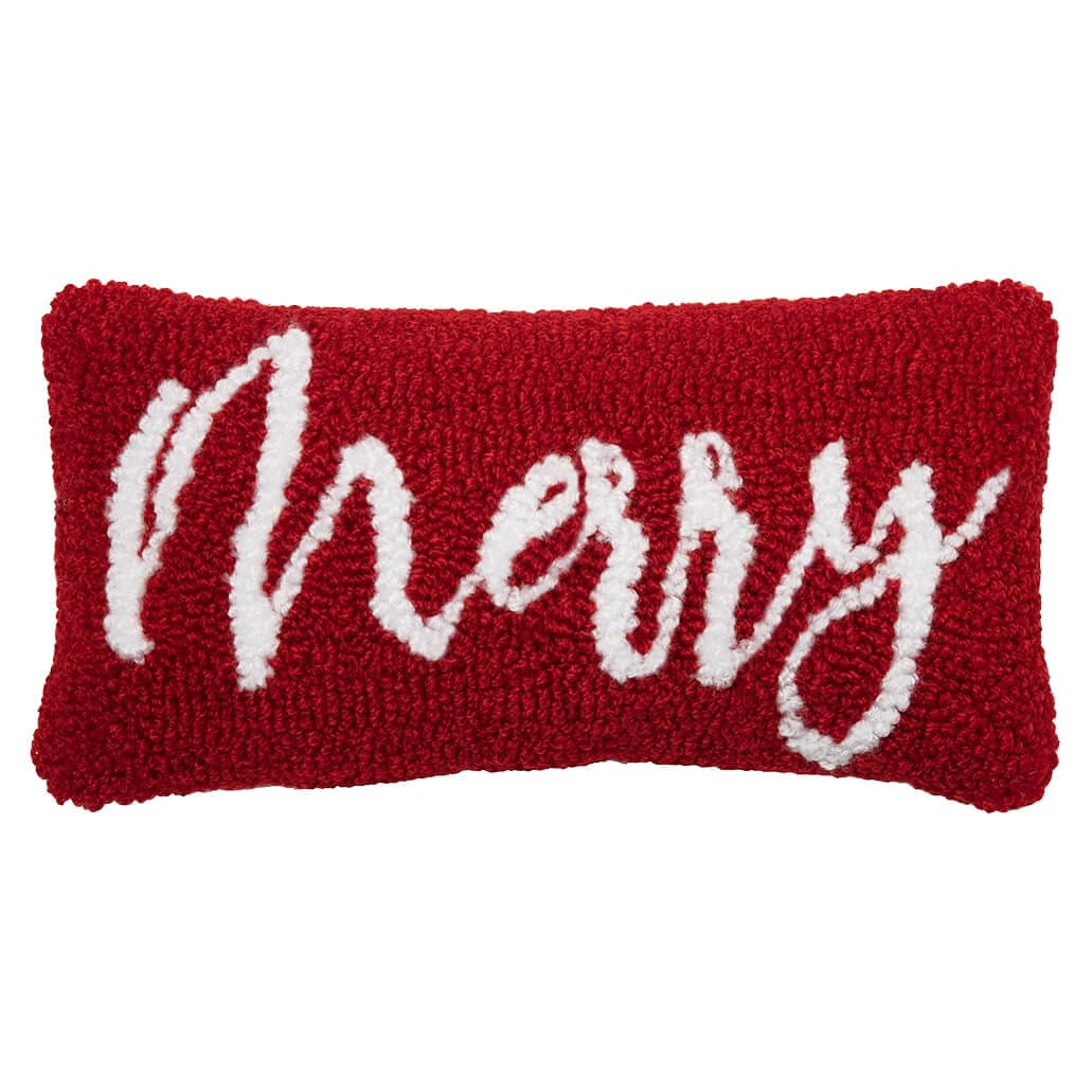 Merry Script Hooked Pillow - Christmas