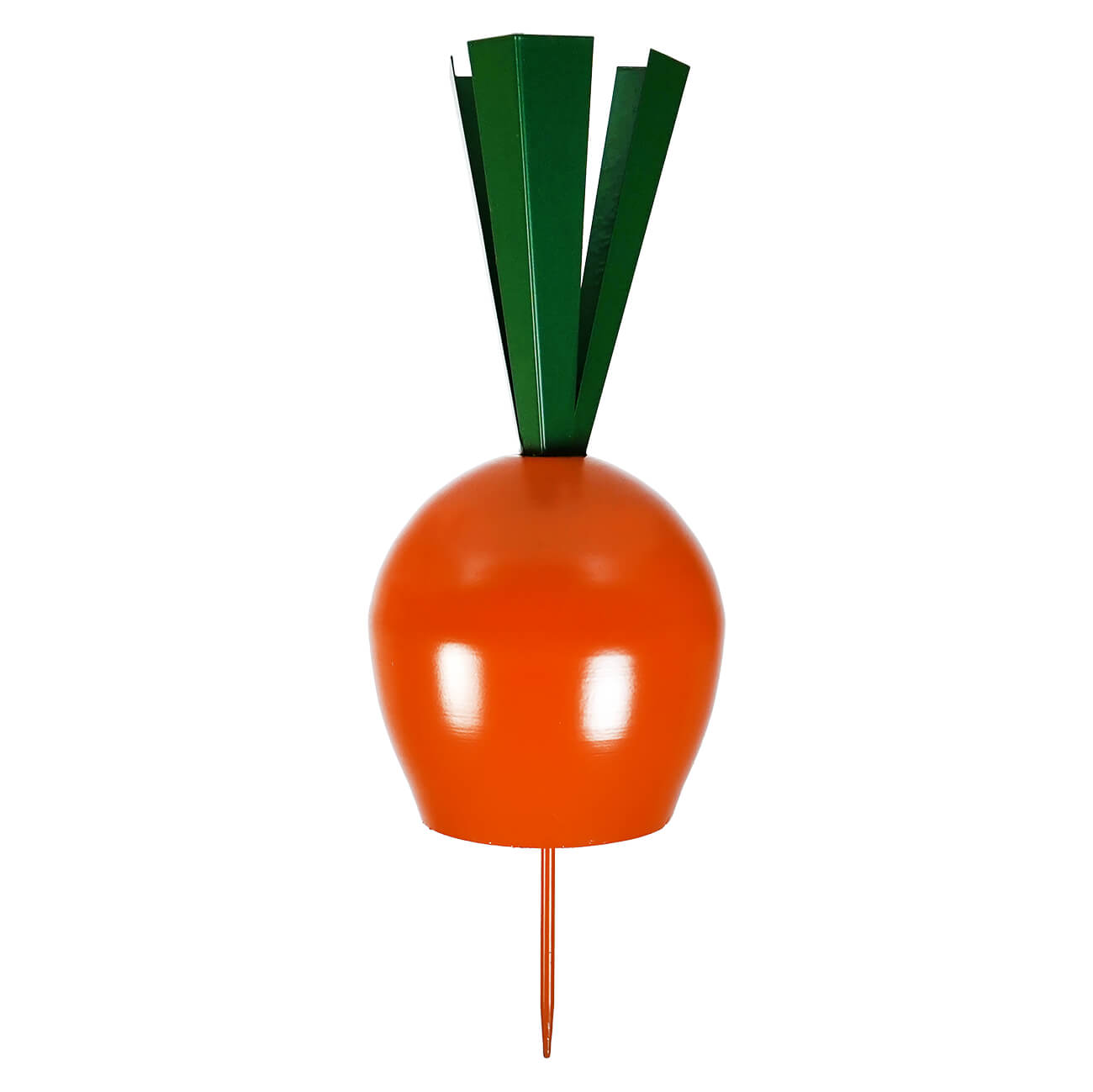 Orange carrot-shaped pin with green leaves at the top.