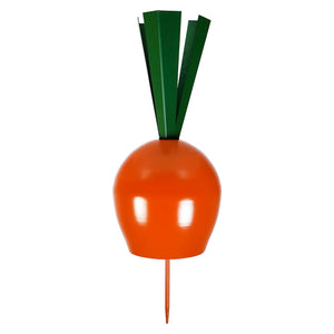 Orange carrot-shaped pin with green leaves at the top.