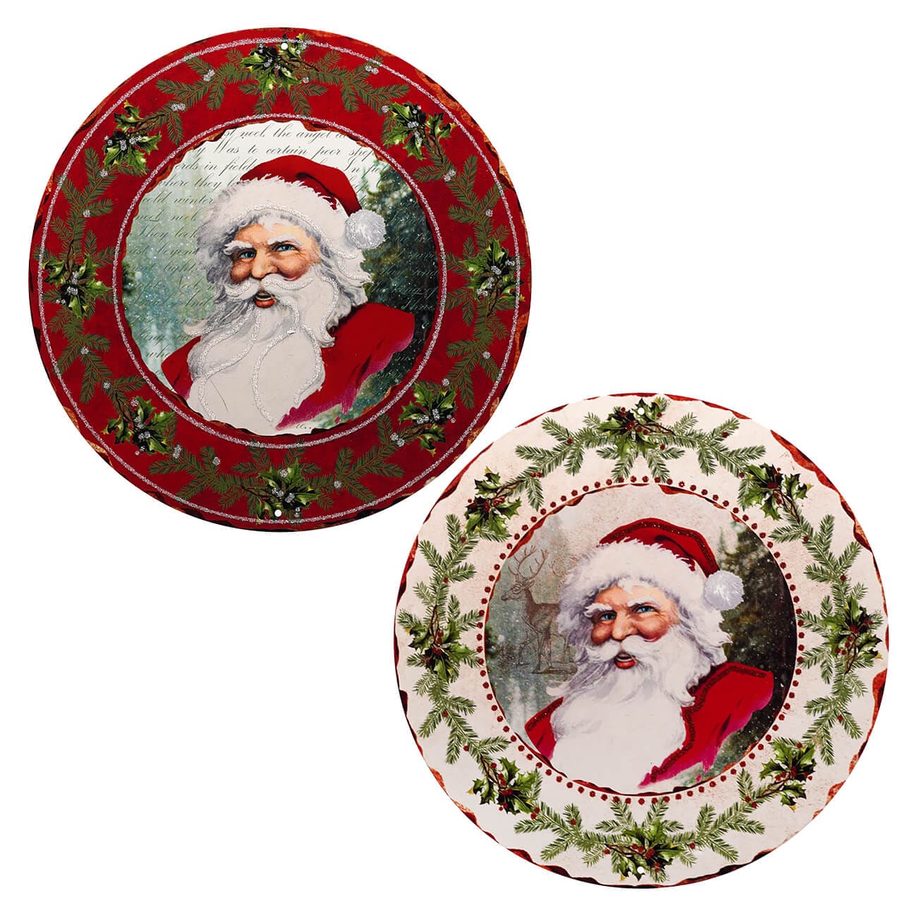 Metal Glittered Vintage White & Red Santa Signs Set/2