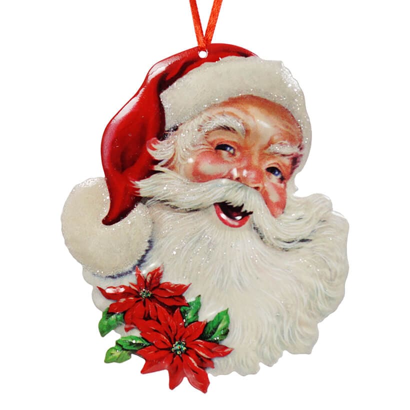 Metal Santa Head With Poinsettias Ornament