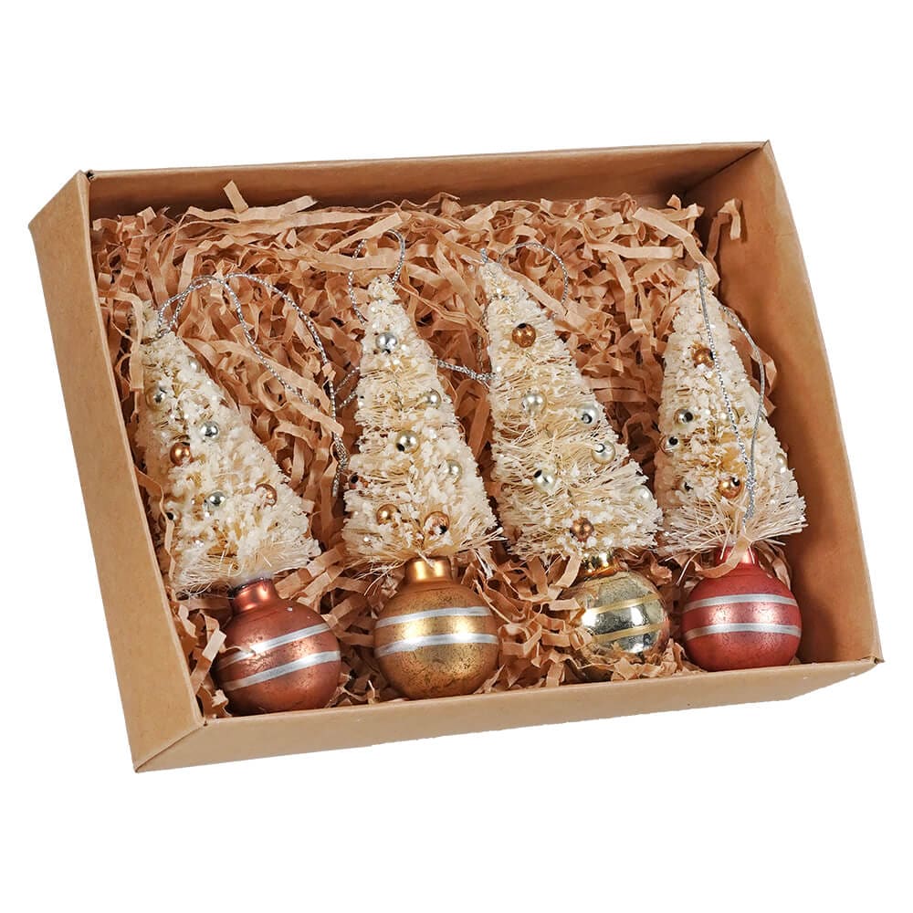 Metallic Bottle Brush and Baubles Ornaments Set/4