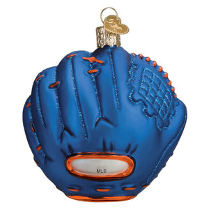 Blue mets baseball mitt ornament with orange stitching and gold hanging loop perfect for mets baseball fans