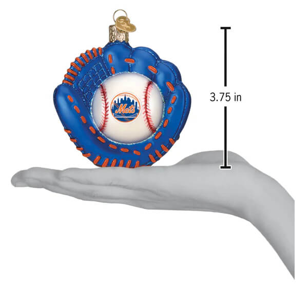 Blue mets baseball mitt ornament shaped like a glove with a white baseball featuring the mets logo at the center