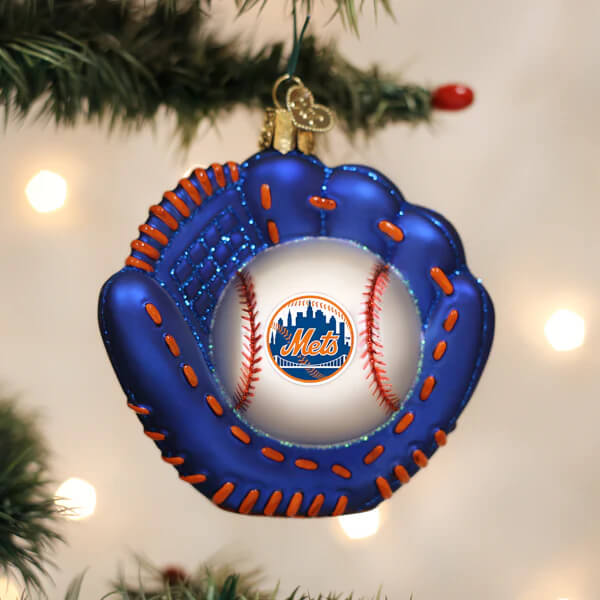 Blue and orange mets baseball mitt ornament with a white baseball featuring the mets logo at its center