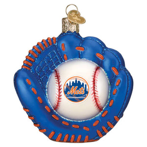 Blue and orange mets baseball mitt ornament with a white baseball featuring the mets logo at its center
