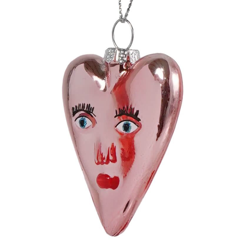 Pink glossy glass heart ornament with painted face blue eyes red lips cody foster heart ornament