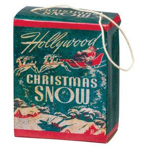 Vintage green and red cardboard christmas ornament box with hollywood santa sleigh design for mica snow décor and retro christmas use