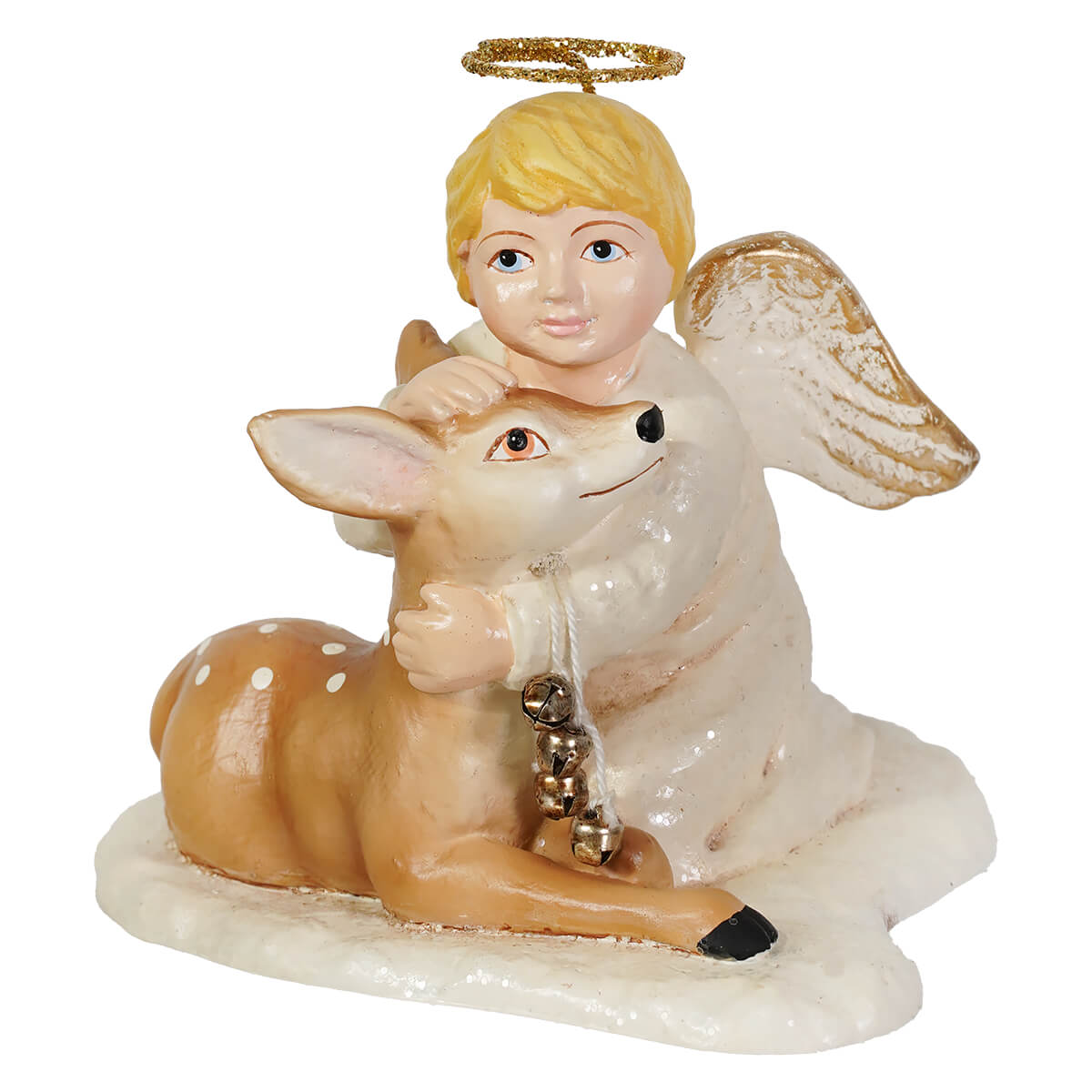 Delicate bethany lowe michael angel figurine with blonde hair gold wings gently hugging spotted deer with bells perfect for classic angel tree toppers and angel figures decor