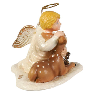 Michael angel porcelain figurine with golden wings tenderly hugging a brown spotted fawn with bells bethany lowe