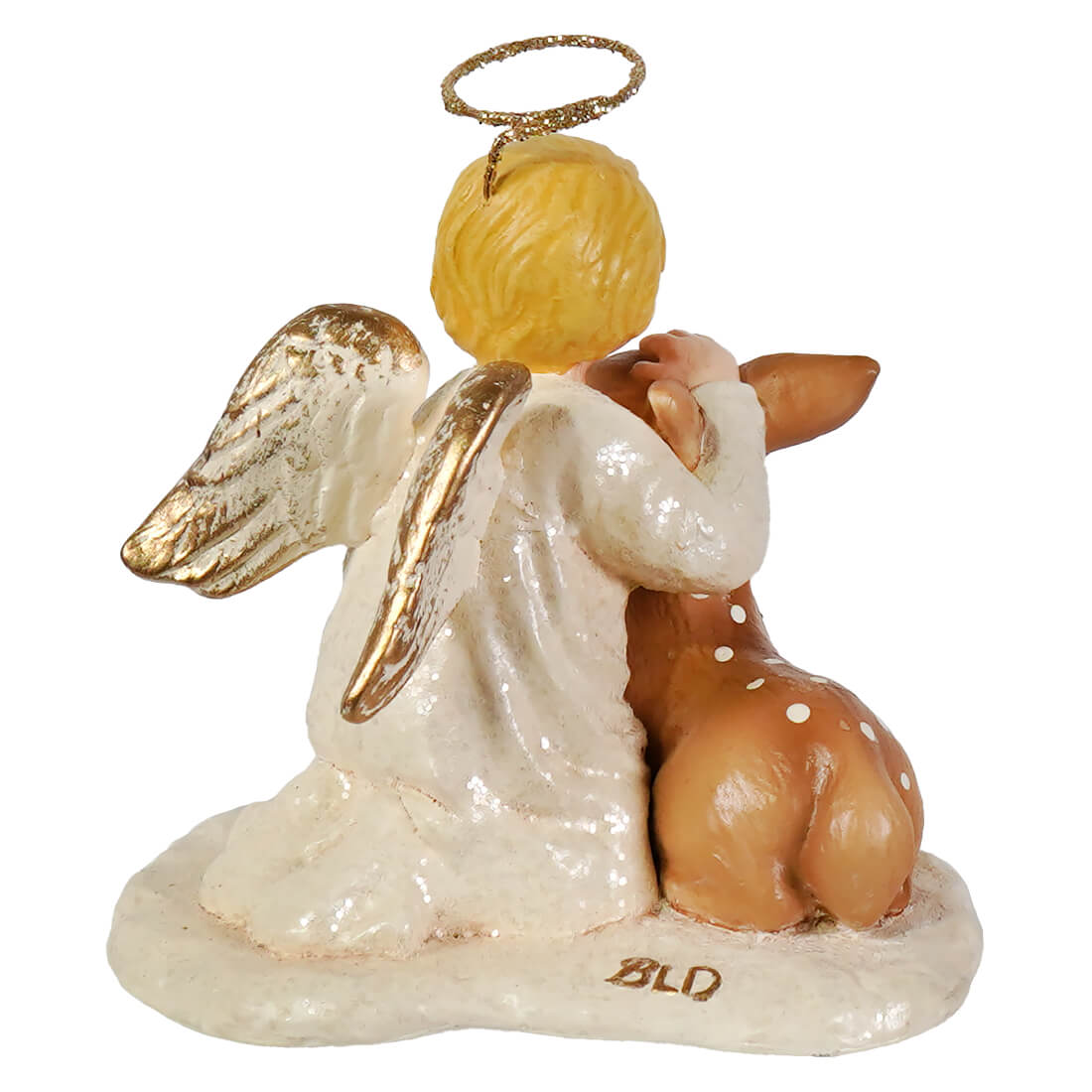 Porcelain michael angel with deer figurine with golden wings and halo hugging a spotted deer by bethany lowe classic angel decor