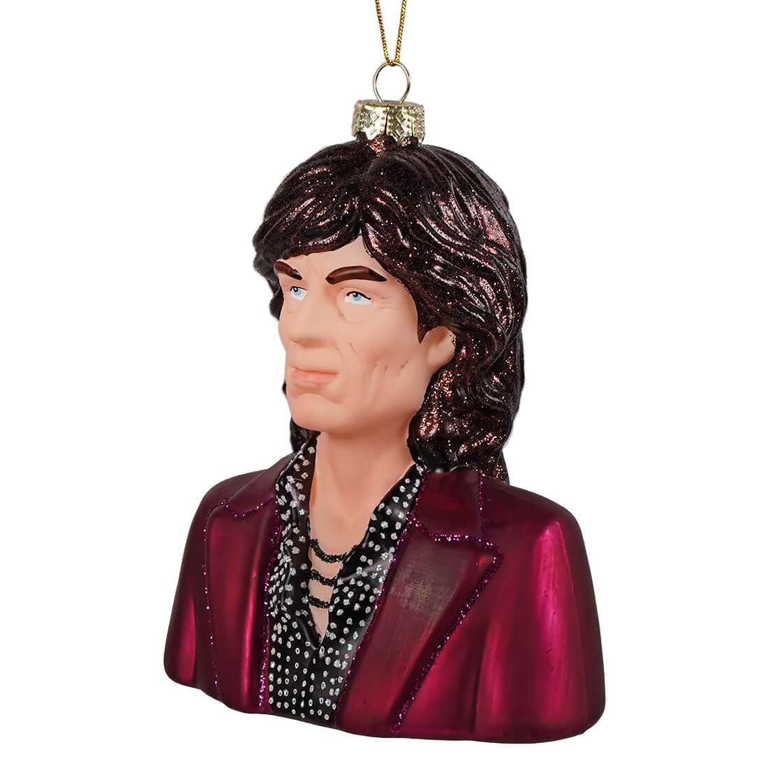 A glossy glittery mick jagger glass ornament featuring a bust with dark hair and maroon jacket on a glass ornament