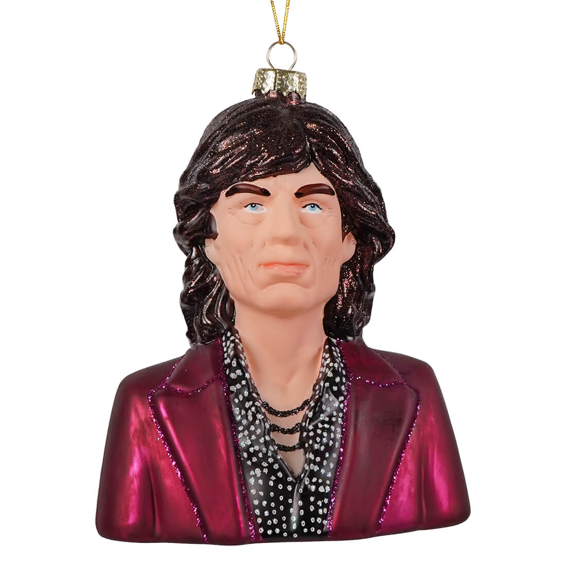 A glossy translucent glass ornament featuring a bust of mick jagger in a magenta blazer perfect for holiday decor