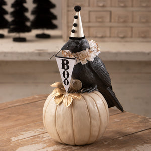 Midnight messenger crow black crow figurine with white party hat holding boo banner on off-white pumpkin bethany lowe halloween