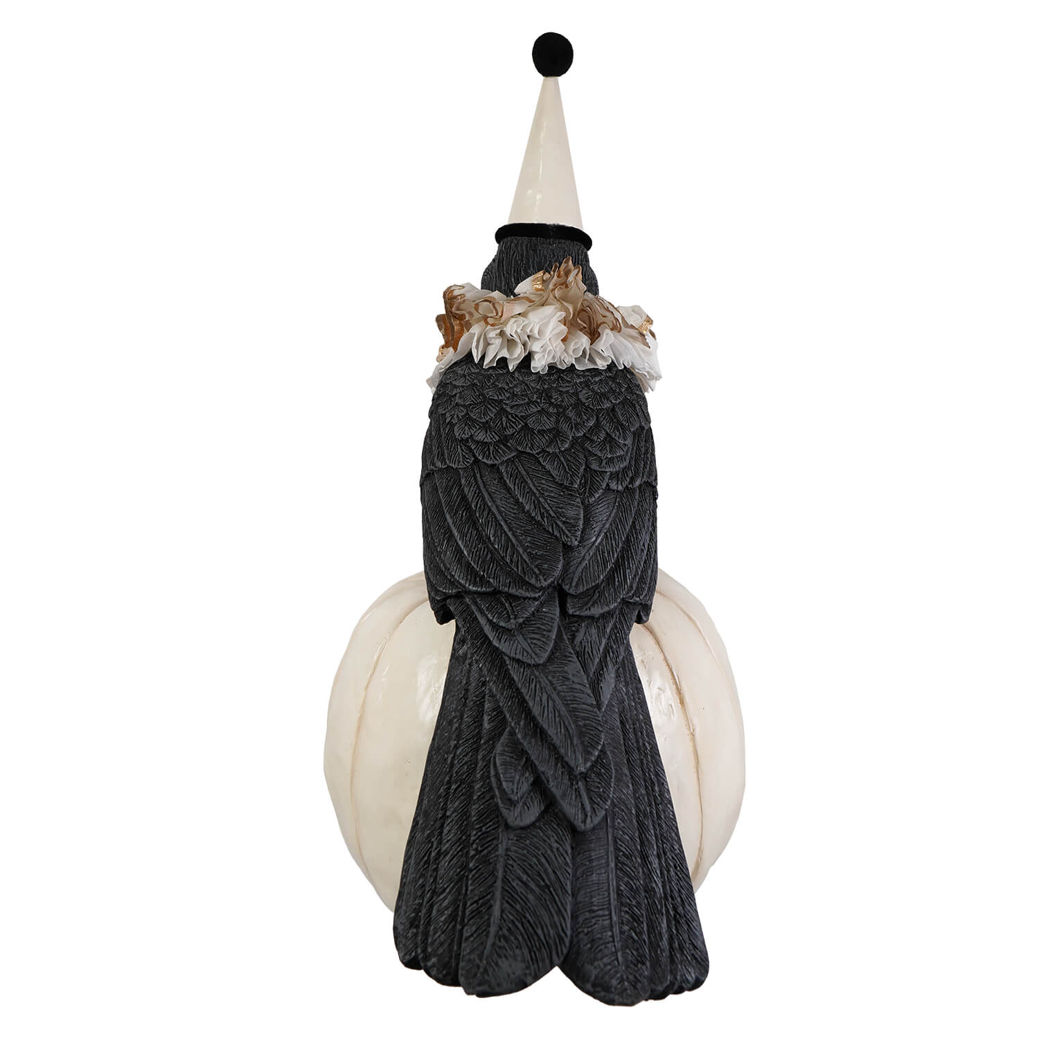 A black detailed messenger crow figurine wearing a white jester hat with gold trim by bethany lowe halloween