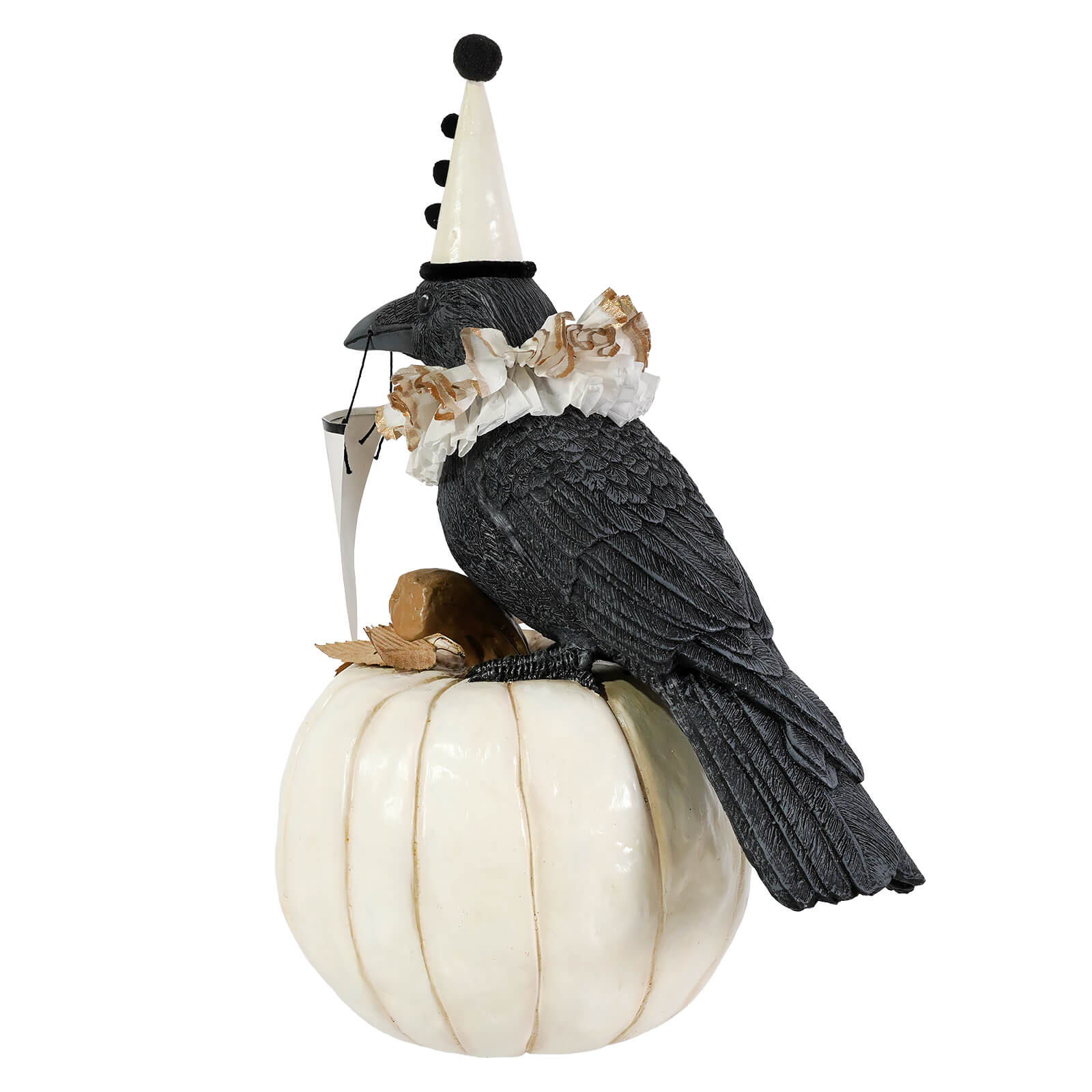Black messenger crow figurine wearing a white party hat with black dots on a glossy off-white pumpkin by bethany lowe halloween