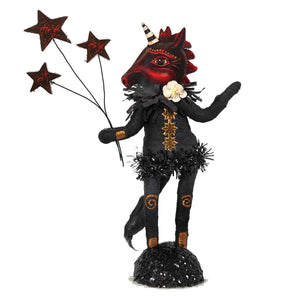 Midnight unicorn figure by johanna parker is a spun cotton black and red unicorn with gold accents holding star balloons