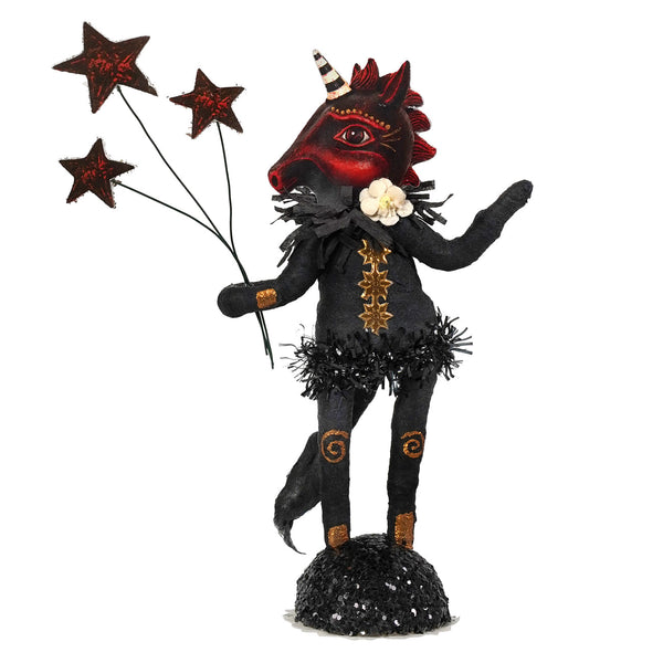 Midnight unicorn figure by johanna parker is a spun cotton black and red unicorn with gold accents holding star balloons
