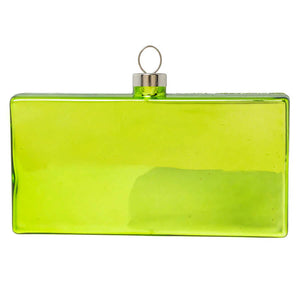 Vibrant lime green rectangular glass clutch with silver cap and loop for mike and ike box ornament by kat and annie food drink ornaments
