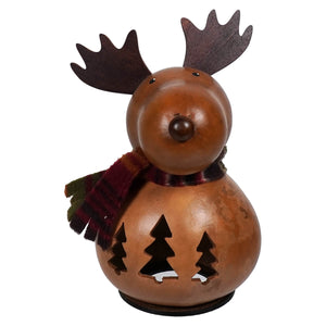 Brown metallic moose gourd with dark antlers and plaid scarf featuring tree cutouts by meadowbrooke gourds
