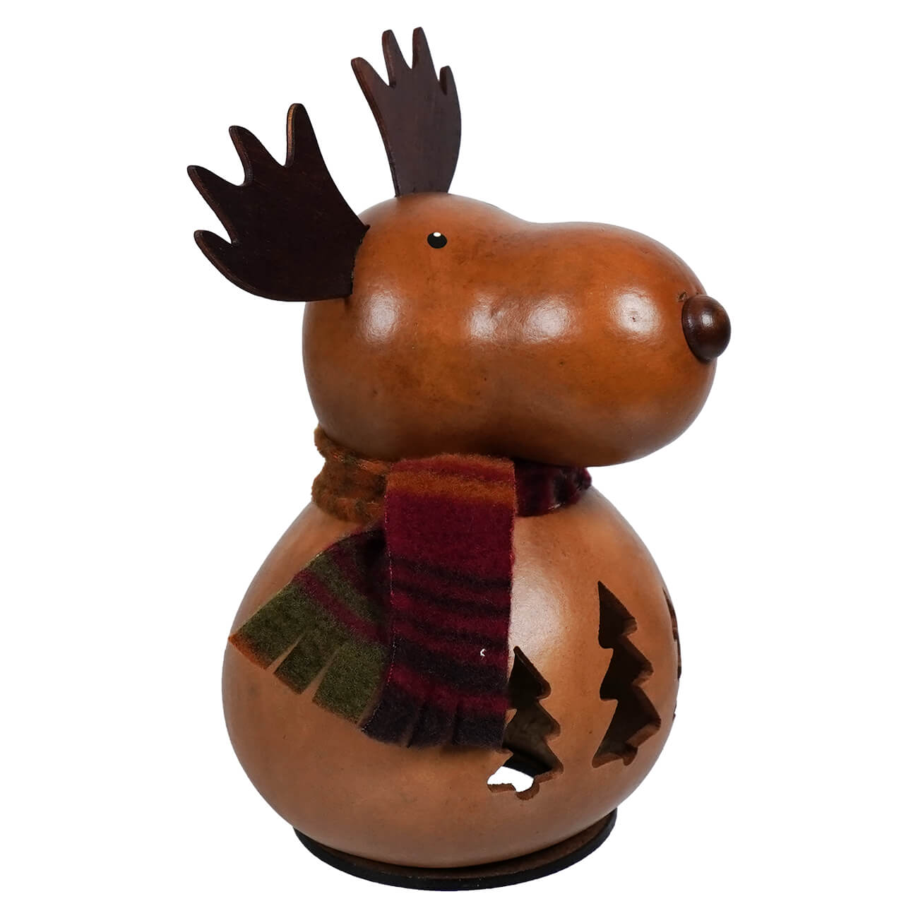 Brown moose gourd lantern with dark antlers and tree cutouts wrapped in maroon green scarf by meadowbrooke gourds